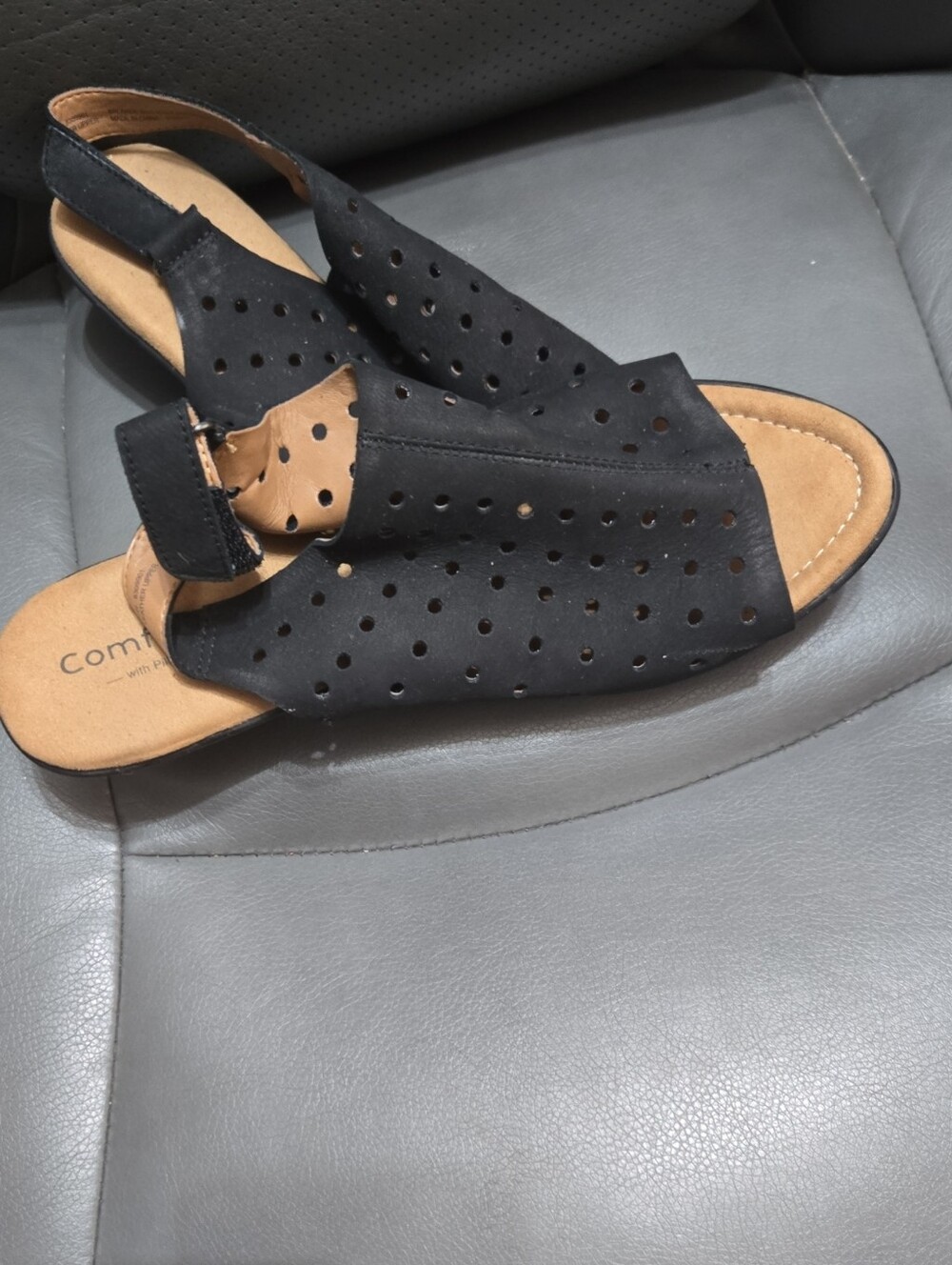 Comfortiva Black Perforated Slingback Sandals with Tan Insole